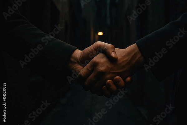 Fototapeta Two hands firmly shake in a dim alleyway, symbolizing trust, deals, and secret agreements in a moody urban setting. Generative AI