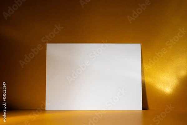 Fototapeta White Paper on Shiny Golden Background with Sunlight Reflections