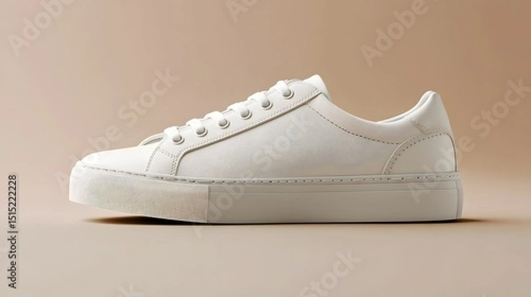 Obraz Side view of a pair of white leather sneakers.