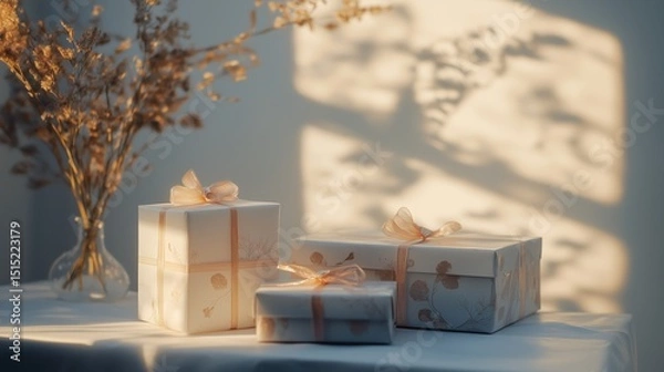 Fototapeta White gift boxes adorned with delicate pastel ribbons, arranged on a white table. Dried flowers in a transparent vase on the background, softly lit by natural sunlight and shadows on the wall.