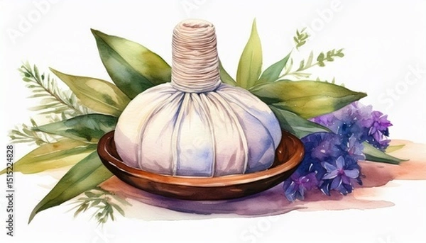 Obraz watercolor illustration of a herbal compress ball on a white background