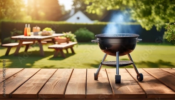 Obraz summer time in backyard with wooden table grill bbq and blurred background