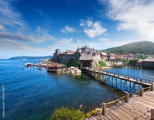 Obraz coastal island village with fortifications and bridges