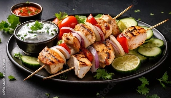 Fototapeta chicken souvlaki skewers with tzatziki and fresh vegetables grilled to perfection