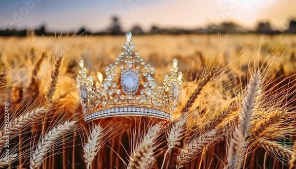 Obraz a royal crown of a princess adorned with white diamonds and placed in a ripe field od wheat