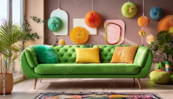 Obraz whimsical interior with a unique green sofa playful decor and vibrant color palette
