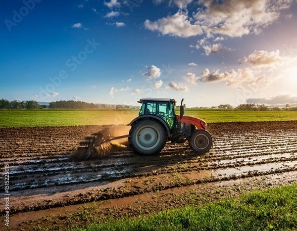 Obraz a vibrant tractor plows through a lush green field creating rich soil and mud under a sunny sky