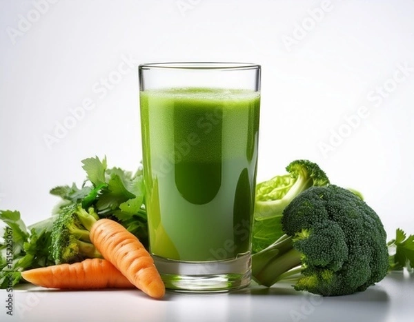 Obraz refreshing green juice with broccoli carrots and leafy greens on white background