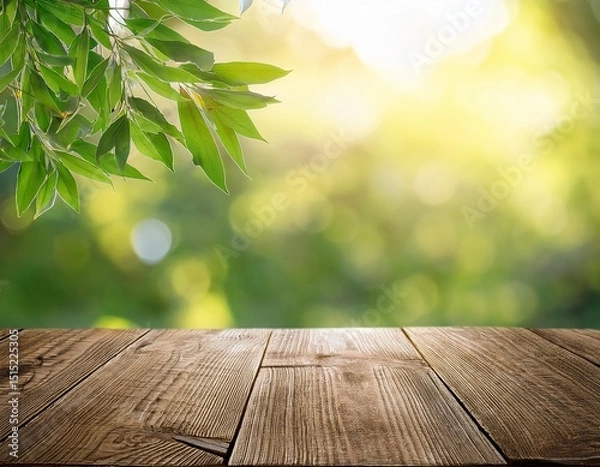 Obraz wooden table and blurred nature background with tree branch