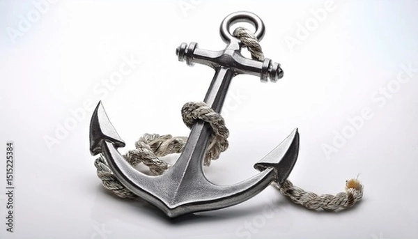 Obraz rustic silver anchor with twisted rope detail on a white background