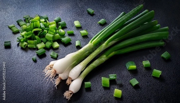 Obraz fresh green onion sprigs and chopped pieces on dark background for food and cooking use