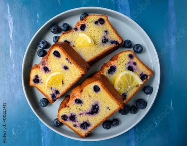 Obraz blueberry lemon loaf slices with glaze overhead view showing vibrant color contrast perfect for tea time marketing and home baking visuals