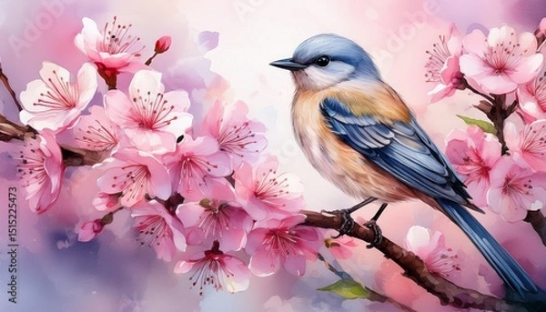 Obraz delightful watercolor of bird perched among blossoming pink flowers in springtime
