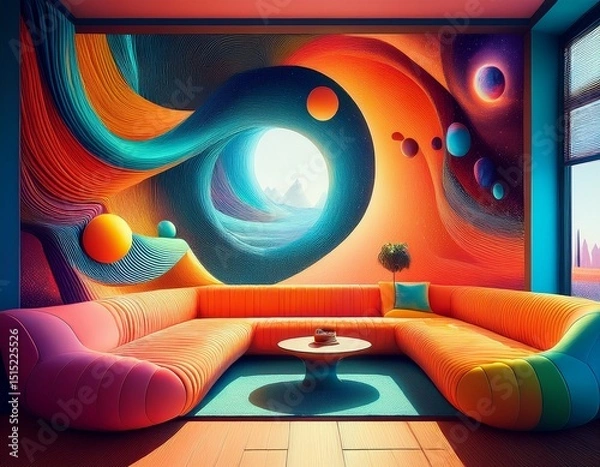 Fototapeta surreal interior design windows flung open to reveal a cosmic void distorting modular couches and casting abstract shadows in layered colored fields