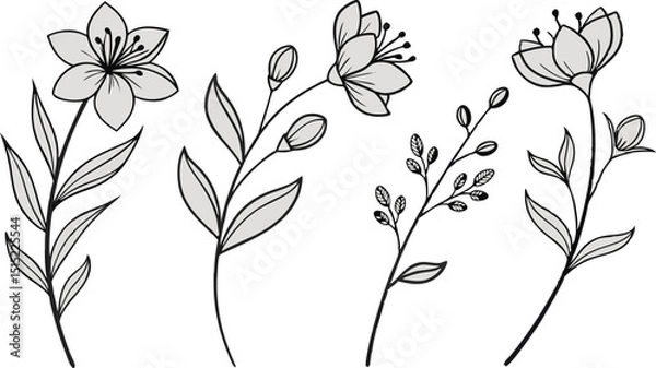 Obraz Minimal Botanical graphic sketch drawing, trendy tiny tattoo design, floral elements minimalist black and white vector illustration of five elegant botanical sketches.