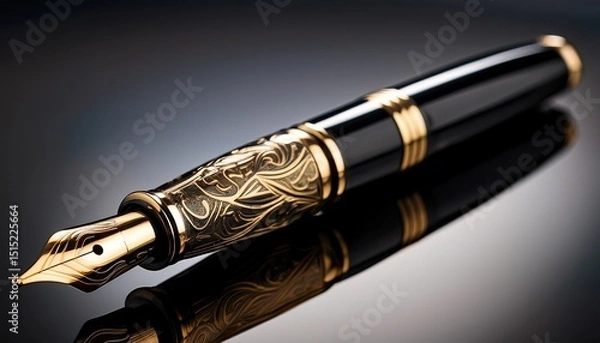 Obraz luxurious black and gold fountain pen close up with intricate ornate design