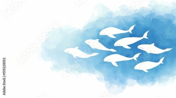 Fototapeta Silhouette of dolphins swimming in a watercolor ocean.  Concept of marine life, ocean conservation, and wildlife.