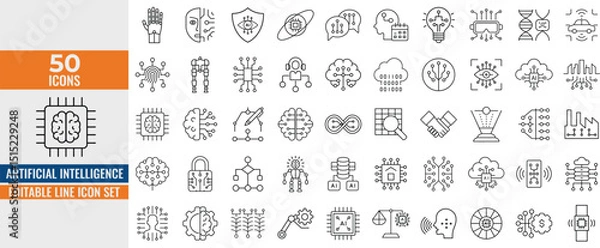 Fototapeta Artificial Intelligence Editable Line Icons set. AI technology icons for web and mobile app