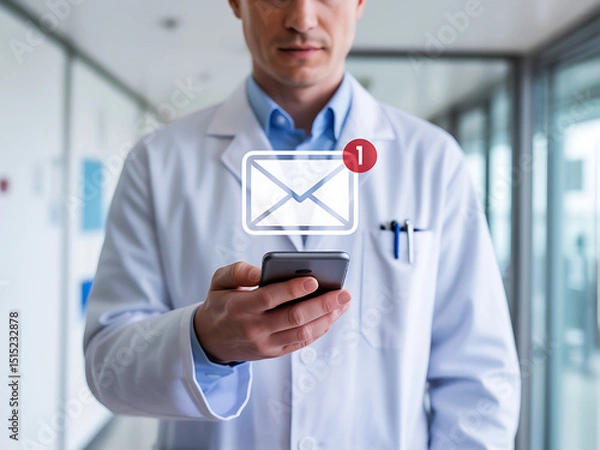 Obraz Doctor using mobile device with floating email notification icon in hospital