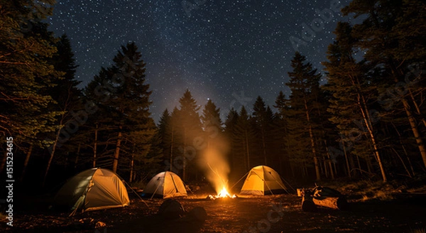 Obraz Camping under the Stars Nighttime Adventure in a Pine Forest