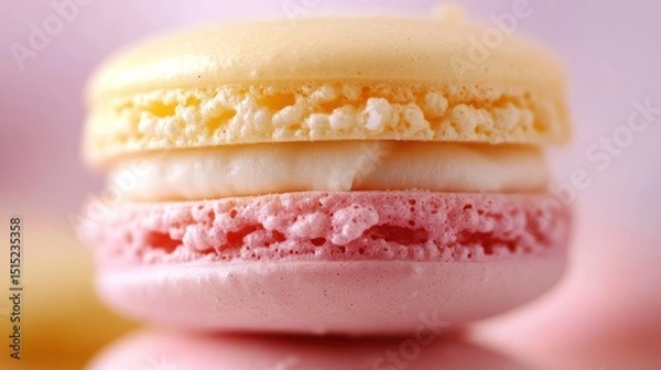 Fototapeta Close-up of two stacked macarons, one pale yellow and the other pink, with a creamy white filling between them..
