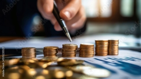 Fototapeta Close-up of hands arranging stacks of coins, representing financial growth or investment.