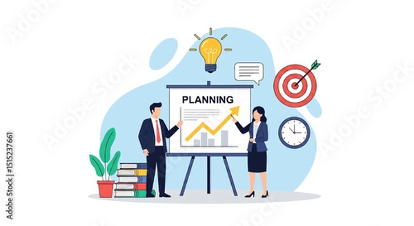 Obraz Flat vector illustration of a business planning meeting: a man and woman present a growth chart, aiming for success. Perfect for strategy, goals, and corporate teamwork