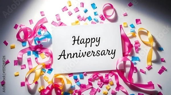 Fototapeta Happy anniversary card with colorful confetti and ribbons isolated on white background, perfect for celebrating a special occasion with festive decorations and cheerful messages
