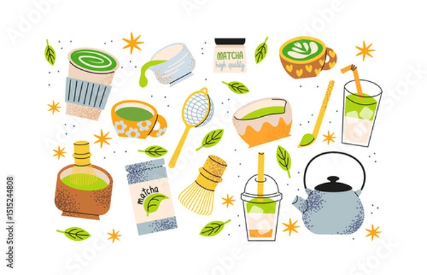 Obraz Matcha stickers set.
Matcha bowls, whisks, tea pots, brewing tools, matcha latte, tea leaves. Hand drawn minimalist doodles, colorful retro icons. Matcha lovers collection.