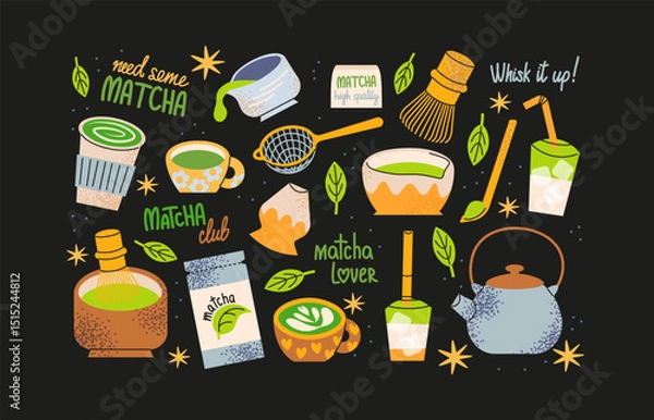Fototapeta Matcha stickers set.
Matcha bowls, whisks, tea pots, brewing tools, matcha latte, tea leaves. Hand drawn minimalist doodles, colorful retro icons. Matcha lovers collection.