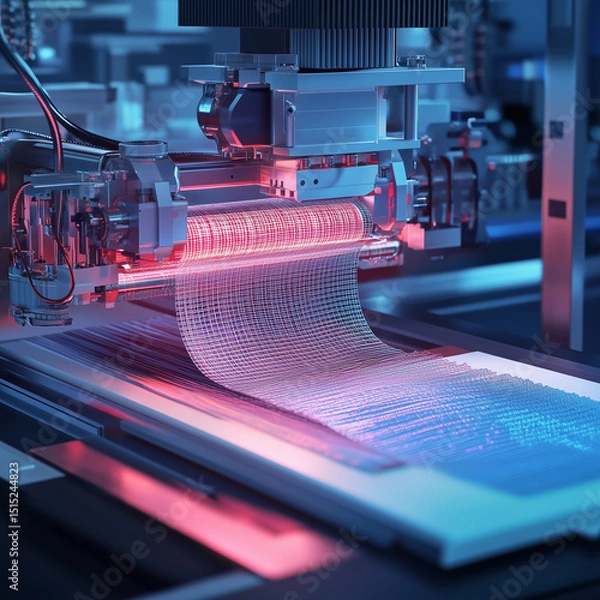 Fototapeta Depict a nanomanufacturing setup producing advanced textiles with embedded nanotechnology, focusing on fabric weaving at the microscopic level 