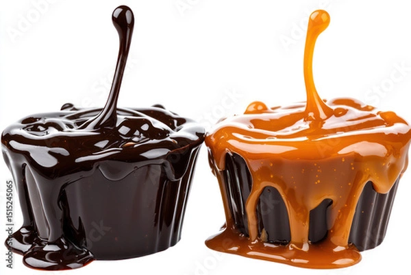 Obraz Cutout of glossy chocolate sauce and rich caramel sauce dripping artistically on isolated PNG transparent background