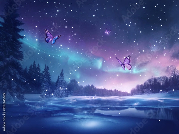 Fototapeta Aurora Borealis dancing in the sky with stars and butterflies, snowy landscape, night sky