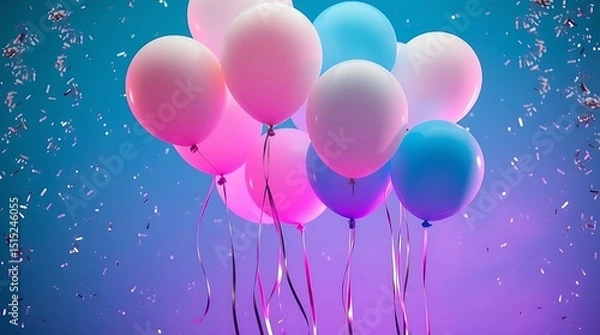 Fototapeta Bunch of colorful balloons floating with confetti falling in a celebratory atmosphere