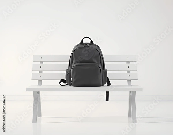 Fototapeta Minimalistic illustration of a black backpack placed neatly on a modern white bench. Set against a clean white background, this image evokes themes of travel, education, and simplicity