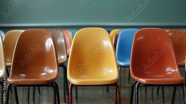 Fototapeta Colorful empty chairs in classroom setting with chalkboard background