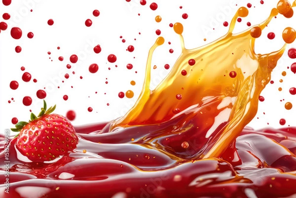Obraz Cutout of golden caramel sauce and vibrant red strawberry sauce splashing on isolated PNG transparent background