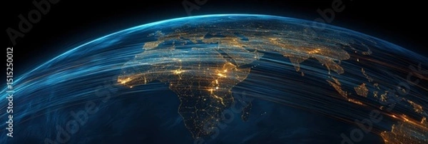 Fototapeta Global connectivity: night time view of africa with glowing city networks and data flow
