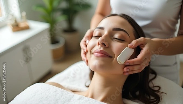 Obraz Smiling young woman talks on her mobile phone while lying on the sofa at home, casually communicating with a happy expression