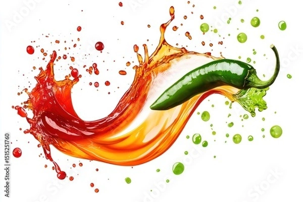 Fototapeta Cutout of green chili sauce and Sriracha splashing together in mid-air, creating fiery, bold patterns with deep red and bright green hues, isolated on a PNG transparent background