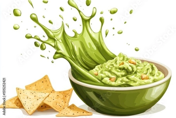 Obraz Cutout of green chili sauce splashing onto a bowl of guacamole and chips, isolated on a PNG transparent background