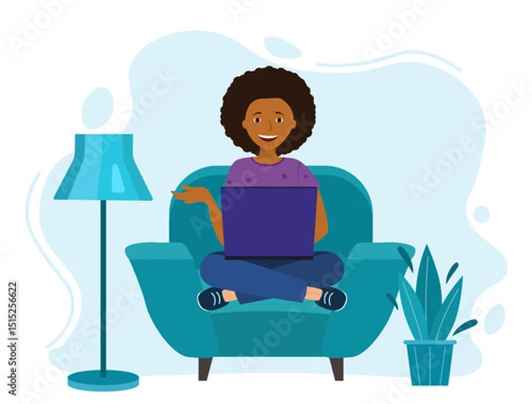 Obraz a girl is sitting at a laptop.  in the chair. The lamp is on the floor. African-American woman .  Vector illustration in flat style