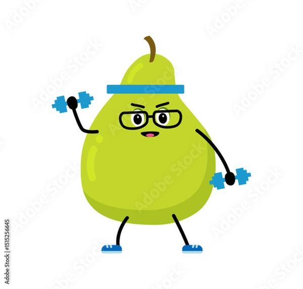 Obraz A cute, strong pear. The concept of classes in the gym with the image of pear, health, fitness. Vector illustration in flat style.
