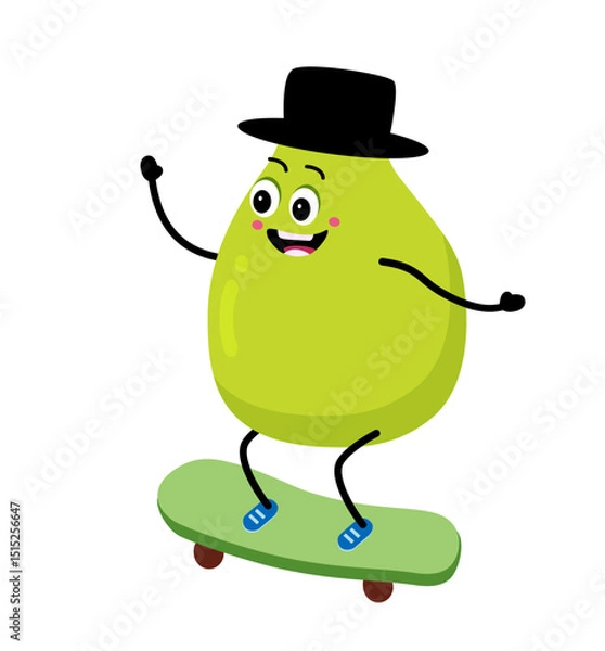 Obraz Cute pear character riding a skateboard. Cartoon Happy pear on skateboard. Vector illustration in flat style. concept of a healthy lifestyle and sports.