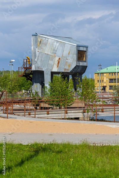 Obraz Sauna at Allmanna harbour bath with floating swimming pools in Frihamnen, Gothenburg, Sweden, sunny day