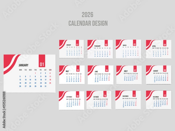 Obraz Elegant  Desk calendar design with modern typography, minimal layout, clean date grid, perfect for office or home wall decor.