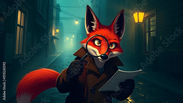 Obraz Fox detective holding a magnifying glass and a notepad in a foggy alley at night
