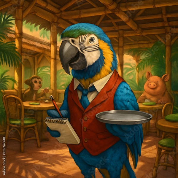 Obraz Parrot waiter in a suit holding a tray and notepad in a tropical restaurant setting