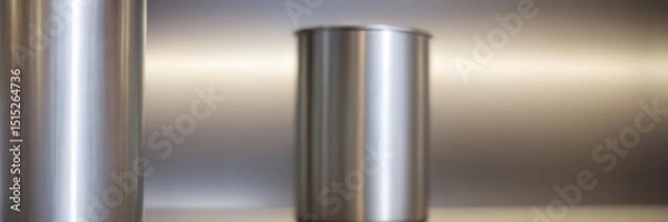 Fototapeta Two sleek metallic containers stand on a softly lit gradient backdrop, highlighting their modern design, reflective finish, and minimalist aesthetic with clean, contemporary elegance. 