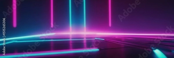 Fototapeta Futuristic scene bathed in glowing pink and blue neon lights reflecting off a polished floor, creating a vibrant, high-tech atmosphere with dynamic color contrasts. 